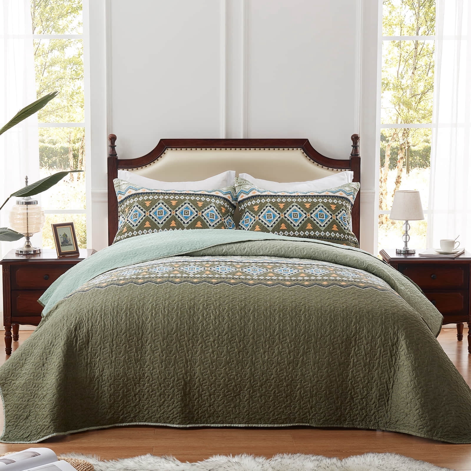 3-Piece King Size Quilt Set - Olive Green Bohemian Bedspread Coverlet with 2 Pillow Shams, Microfiber