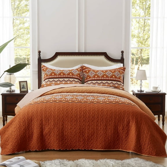 3-Piece King Size Quilt Set - Orange Rust Bohemian Bedspread Coverlet with 2 Pillow Shams, Microfiber