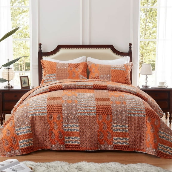 3-Piece King Size Quilt Set - Orange Rust Paisley Bedspread Coverlet with 2 Pillow Shams, Microfiber