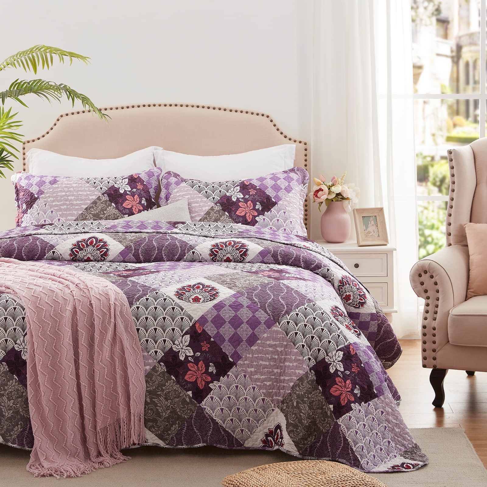 3-Piece King Size Quilt Set - Purple Patchwork Bedspread Coverlet with