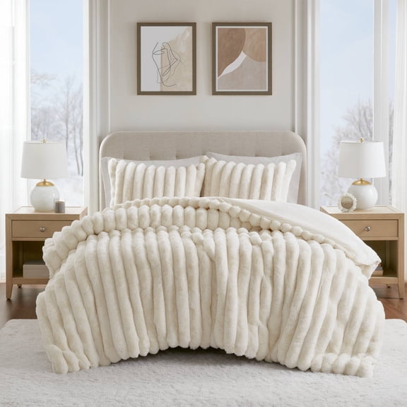 3-Piece King soft Faux Fur Ribbed Comforter Set,Ivory