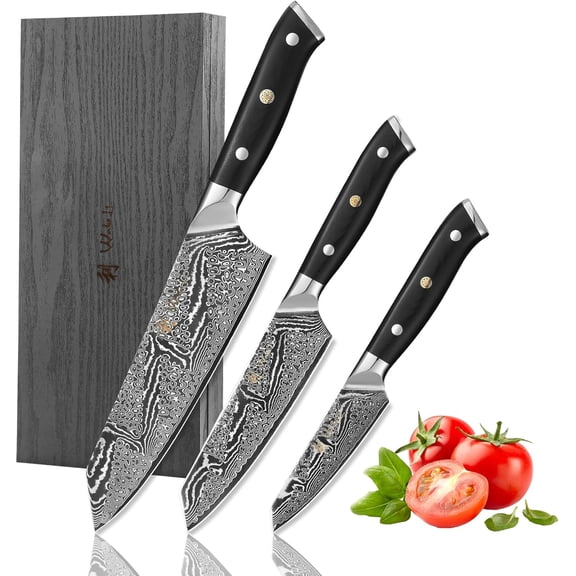 3-Piece Kiritsuke Knife Set Professional Damascus Kitchen Knives | 67-Layer VG10 Core Steel | Ergonomic G10 Handles | Japanese-Style Chef Knife Set in Wooden Gift Box