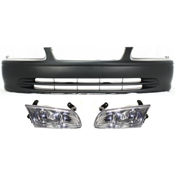 3-Piece Kit Front Primed Bumper Cover includes Headlights Replacement for 2000-2001 Toyota Camry CE 4 Cyl 2.2L
