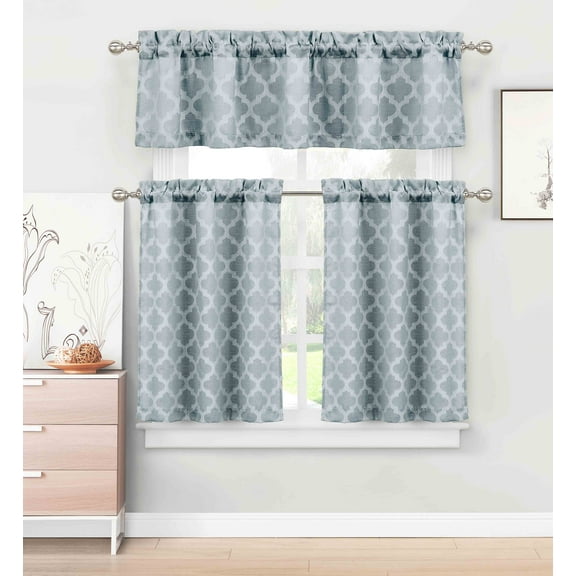 3 Piece Kitchen/Cafe Tier Window Curtain Set: Moroccan Trellis/Tile Design (Denim Navy)