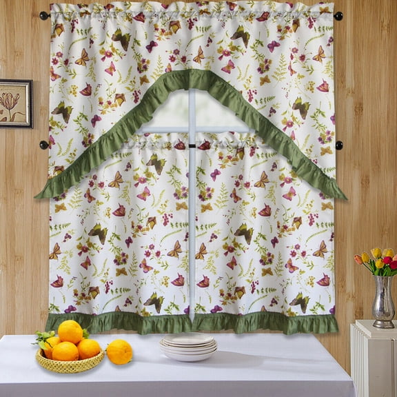 3 Piece Kitchen Curtain Sawg Set, Window Treatment Butterfly & Flowers Printed Design Anita