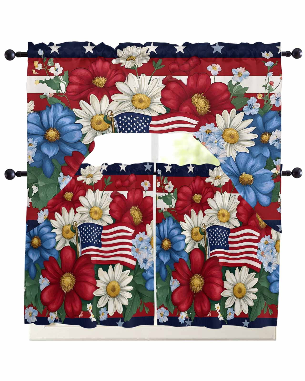 3 Piece Kitchen Curtain Set, 4th of July Red Blue White Daisy US Flag ...