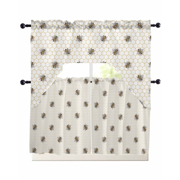 3 Piece Kitchen Curtain Set, Abstract Bee Hive Lines Spring Pastoral Country Abstract Swag Curtains Valance and Tier Set, Rod Pocket Window Treatment for Cafe Living Room 24 Inch