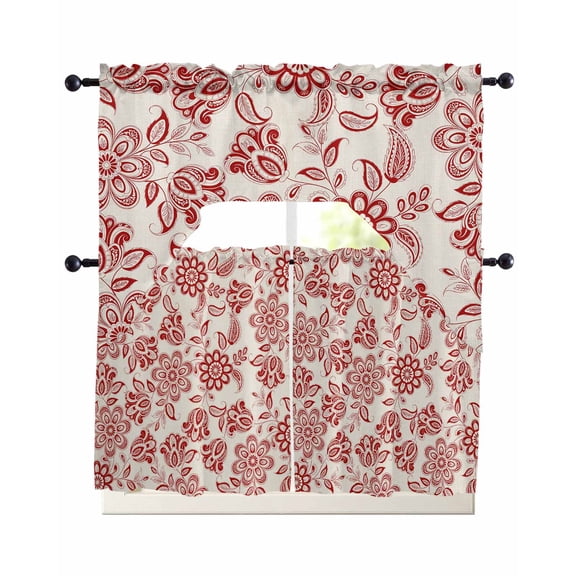 3 Piece Kitchen Curtain Set, Abstract Paisley Pattern Retro Ethnic Red Flower Swag Curtains Valance and Tier Set, Rod Pocket Window Treatment for Cafe Living Room 24 Inch