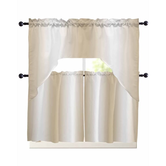 3 Piece Kitchen Curtain Set, Beige Gradient Countryside Farmhouse Abstract Swag Curtains Valance and Tier Set, Rod Pocket Window Treatment for Cafe Living Room 24 Inch
