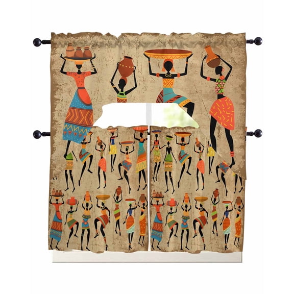 3 Piece Kitchen Curtain Set, Black African Women Vintage Abstract Ethnic Style Bohemian Linen Texture Swag Curtains Valance and Tier Set, Rod Pocket Window Treatment for Cafe Living Room 24 Inch