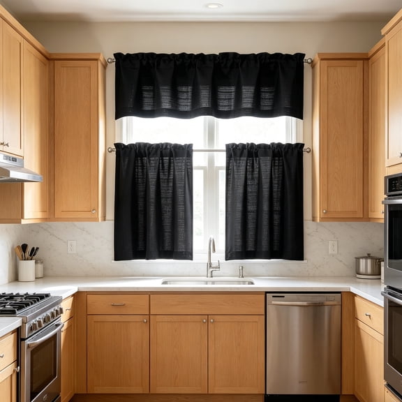 3 Piece Kitchen Curtain Set, Black Semi-Sheer Light Filtering Tier Curtain 30x14 Inch, 2 Window Panel 30x45 Inch, Heat Insulating Curtains for Kitchen Bedroom