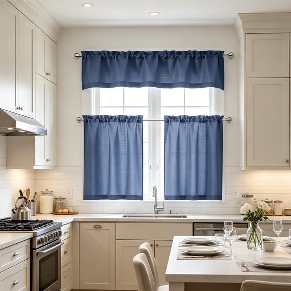 3 Piece Kitchen Curtain Set, Blue Semi-Sheer Light Filtering Tier Curtain 30x14 Inch, 2 Window Panel 30x45 Inch, Heat Insulating Curtains for Kitchen Bedroom