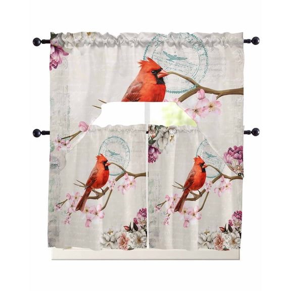 3 Piece Kitchen Curtain Set, Cardinal Red Bird Floral Vintage Classical Swag Curtains Valance and Tier Set, Rod Pocket Window Treatment for Cafe Living Room 24 Inch