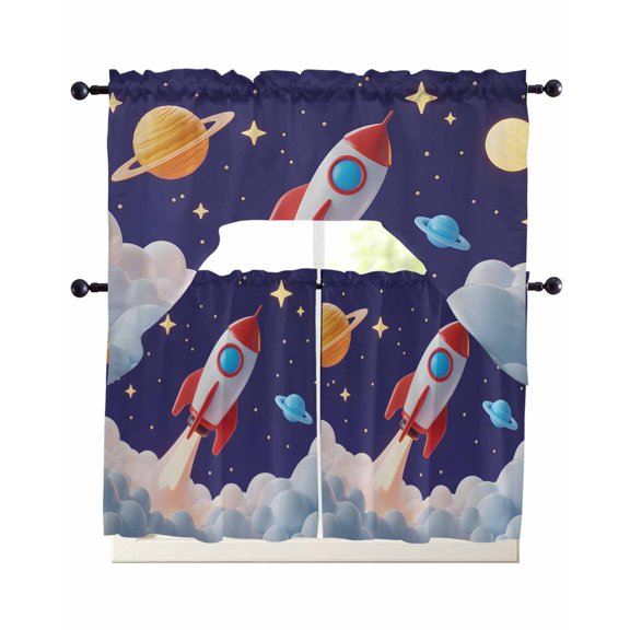 3 Piece Kitchen Curtain Set, Cartoon Rocket Cloud Space Stars Cute Planet Classic Swag Curtains Valance and Tier Set, Rod Pocket Window Treatment for Cafe Living Room 24 Inch