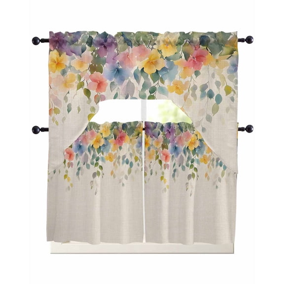 3 Piece Kitchen Curtain Set, Country Watercolor Pastoral Wildflowers Linen Texture Swag Curtains Valance and Tier Set, Rod Pocket Window Treatment for Cafe Living Room 24 Inch