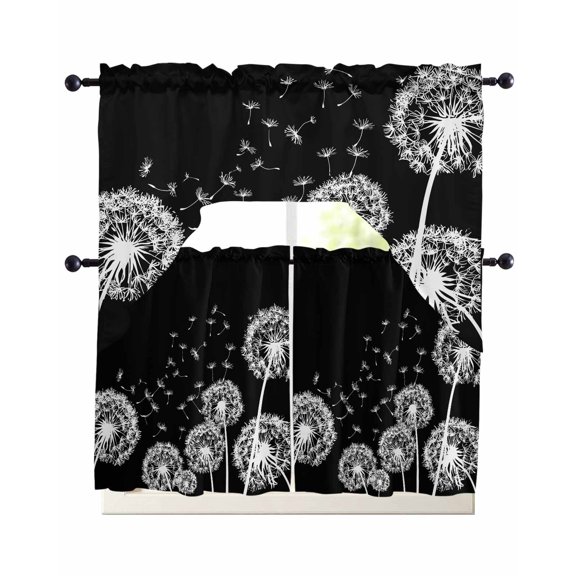 3 Piece Kitchen Curtain Set, Dandelion Plants Vintage White Dandelions Blossom Flying Fluffy Black Back Swag Curtains Valance and Tier Set, Rod Pocket Window Treatment for Cafe Living Room 24 Inch