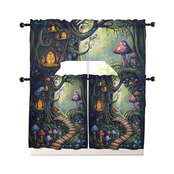 3 Piece Kitchen Curtain Set, Fairy Tale Forest Mushroom Wildflower Vintage Cottage Swag Curtains Valance and Tier Set, Rod Pocket Window Treatment for Cafe Living Room 36 Inch