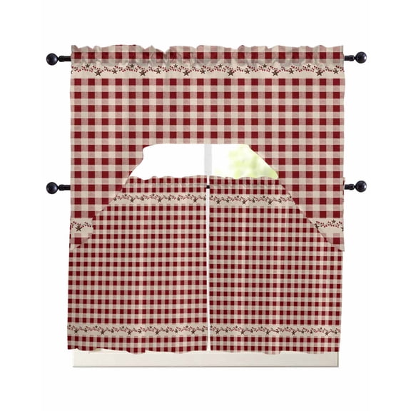 3 Piece Kitchen Curtain Set, Farmhouse Berry Red Buffalo Plaid American Country Rustic Swag Curtains Valance and Tier Set, Rod Pocket Window Treatment for Cafe Living Room 24 Inch