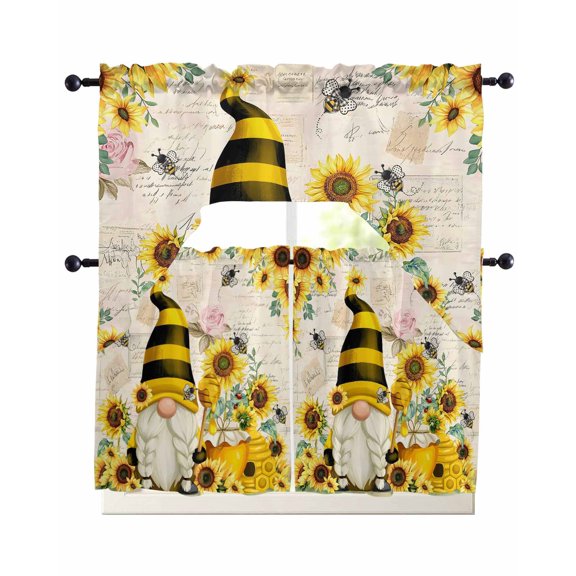 3 Piece Kitchen Curtain Set, Farmhouse Rustic Gnome Sunflower Bee Beige Background Swag Curtains Valance and Tier Set, Rod Pocket Window Treatment for Cafe Living Room 36 Inch