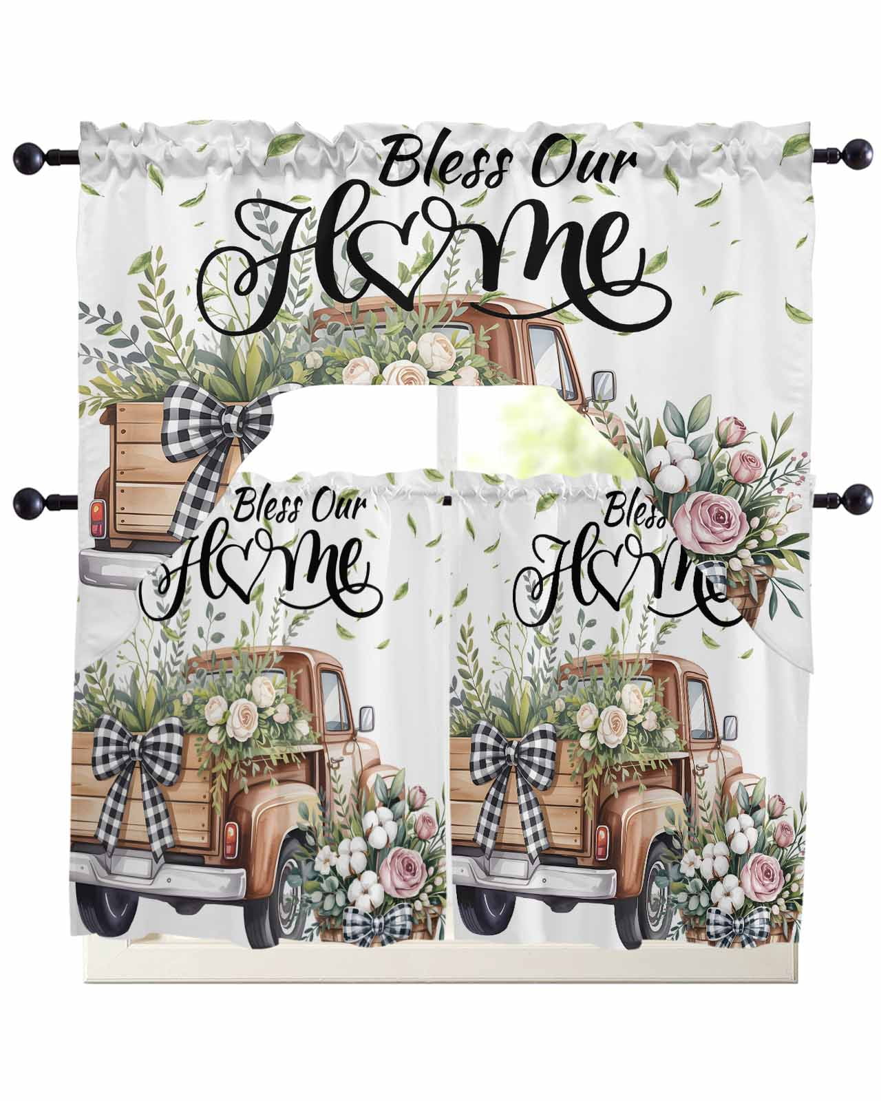 3 Piece Kitchen Curtain Set, Floral Brown Truck Eucalyptus Leaves Bless ...