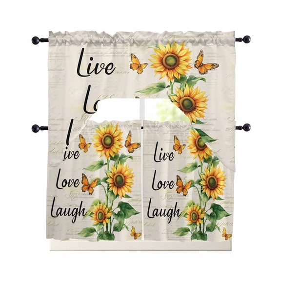 3 Piece Kitchen Curtain Set, Live Love Laugh Sunflower Butterfly Rustic Watercolor Floral Swag Curtains Valance and Tier Set, Rod Pocket Window Treatment for Cafe Living Room 24 Inch