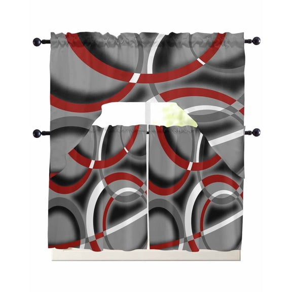3 Piece Kitchen Curtain Set, Modern Abstract Art Geometric Circle Red Grey Swag Curtains Valance and Tier Set, Rod Pocket Window Treatment for Cafe Living Room 24 Inch