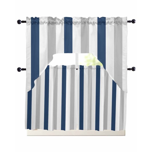 3 Piece Kitchen Curtain Set, Navy Blue Grey Stripe Classic Modern Geometric Abstract Swag Curtains Valance and Tier Set, Rod Pocket Window Treatment for Cafe Living Room 24 Inch
