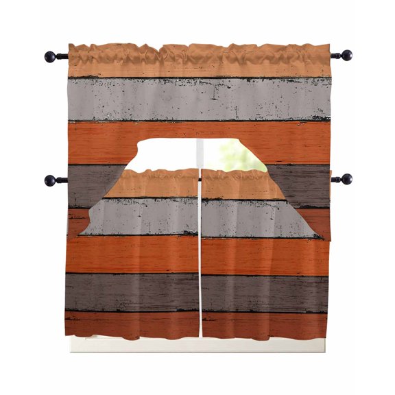 3 Piece Kitchen Curtain Set, Orange Gray Wood Grain Countryside Stripe Gradient Art Swag Curtains Valance and Tier Set, Rod Pocket Window Treatment for Cafe Living Room 24 Inch