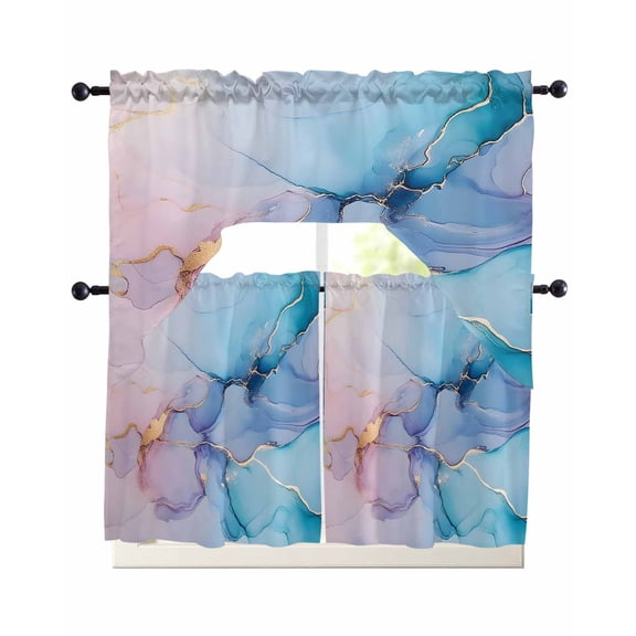 3 Piece Kitchen Curtain Set, Pink Blue Marble Fluid Art Abstract Gold Foil Modern Swag Curtains Valance and Tier Set, Rod Pocket Window Treatment for Cafe Living Room 24 Inch