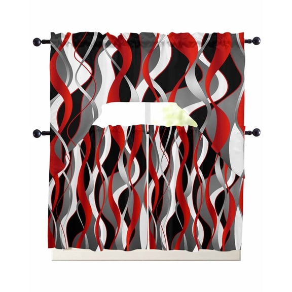 3 Piece Kitchen Curtain Set, Red Gray Stripes Abstract Art Modern Geometric Curve Swag Curtains Valance and Tier Set, Rod Pocket Window Treatment for Cafe Living Room 24 Inch