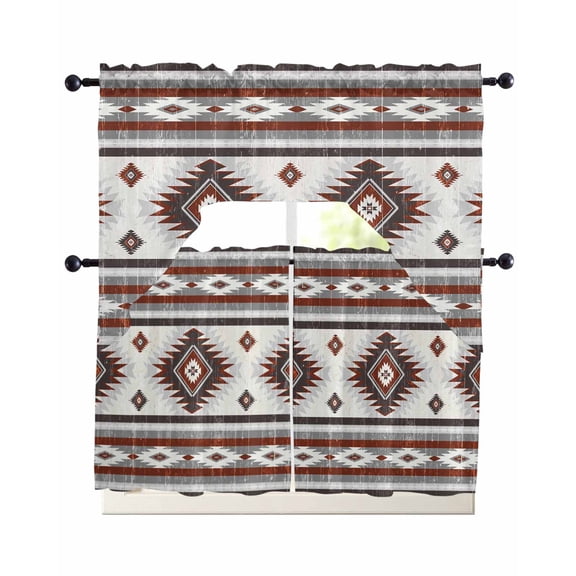 3 Piece Kitchen Curtain Set, Red Grey Southwestern Native Aztec Ethnic Style Geometric Swag Curtains Valance and Tier Set, Rod Pocket Window Treatment for Cafe Living Room 24 Inch