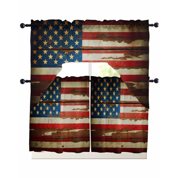 3 Piece Kitchen Curtain Set, Retro U.S. Flag Red White Stripes Stars Wood Grain Country Swag Curtains Valance and Tier Set, Rod Pocket Window Treatment for Cafe Living Room 24 Inch