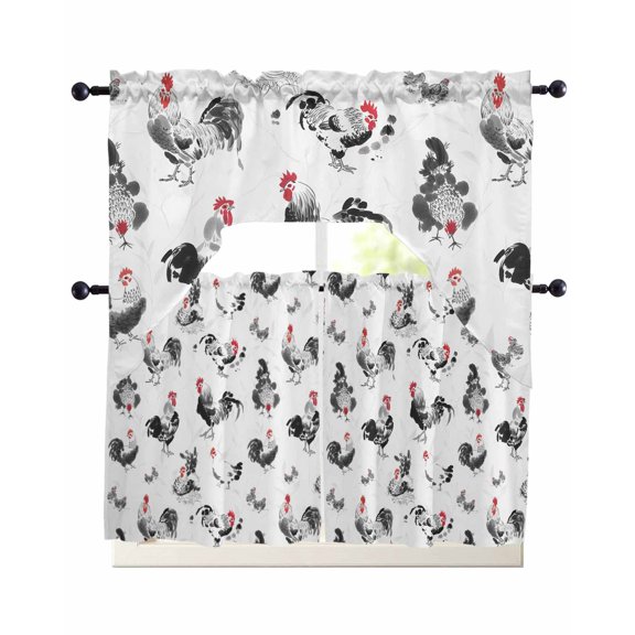 3 Piece Kitchen Curtain Set, Rooster Hen Watercolor Farm Animal Rustic Black Country Swag Curtains Valance and Tier Set, Rod Pocket Window Treatment for Cafe Living Room 24 Inch