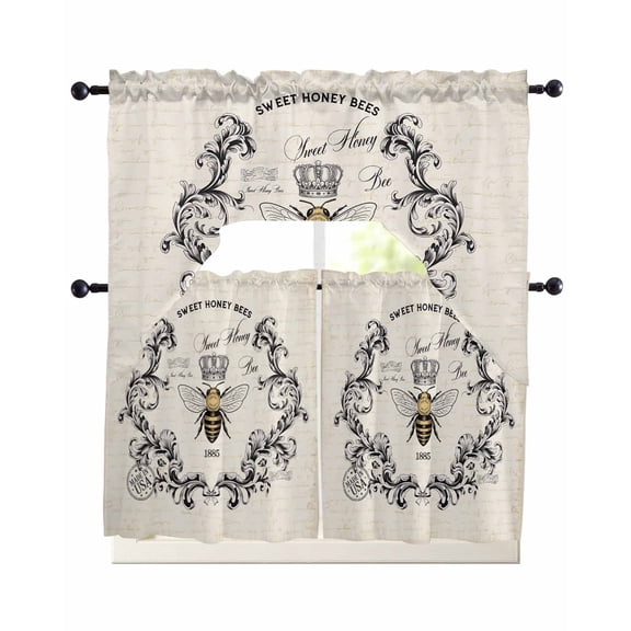 3 Piece Kitchen Curtain Set, SWEET HONEY BEES Bees Farmhouse Retro Texture Swag Curtains Valance and Tier Set, Rod Pocket Window Treatment for Cafe Living Room 24 Inch