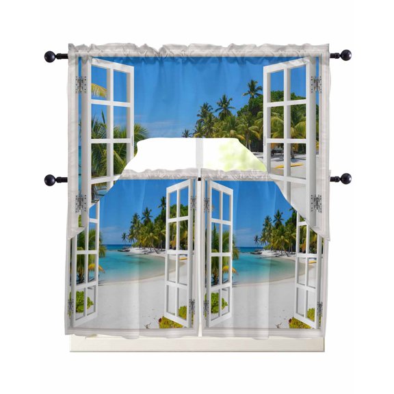 3 Piece Kitchen Curtain Set, Sandy Beach Coconut Trees Sky Windows View Swag Curtains Valance and Tier Set, Rod Pocket Window Treatment for Cafe Living Room 36 Inch
