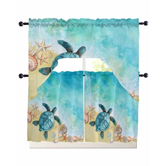 3 Piece Kitchen Curtain Set, Sea Turtle Summer Turquoise Ocean Watercolor Shell Conch Swag Curtains Valance and Tier Set, Rod Pocket Window Treatment for Cafe Living Room 24 Inch