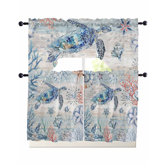 3 Piece Kitchen Curtain Set, Summer Ocean Turtle Retro Coral Shell Blue Wood Grain Swag Curtains Valance and Tier Set, Rod Pocket Window Treatment for Cafe Living Room 24 Inch