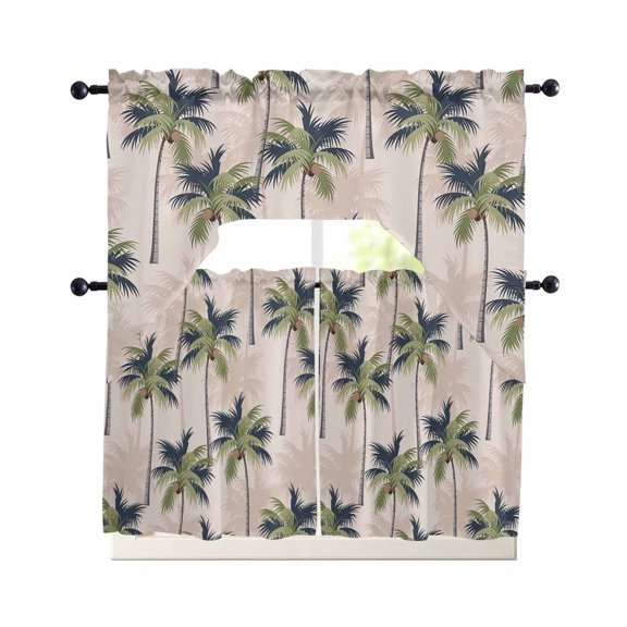 3 Piece Kitchen Curtain Set, Summer Tropical Plant Coconut Palm Tree Vintage Abstract Swag Curtains Valance and Tier Set, Rod Pocket Window Treatment for Cafe Living Room 24 Inch