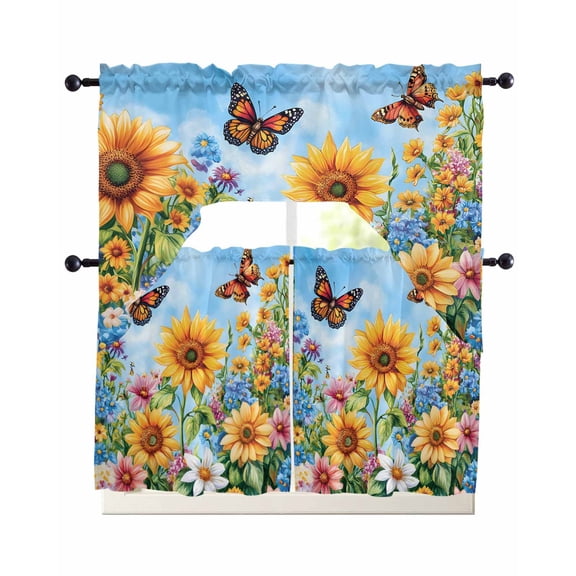 3 Piece Kitchen Curtain Set, Sunflower Butterfly Watercolor Daisy Floral Summer Garden Swag Curtains Valance and Tier Set, Rod Pocket Window Treatment for Cafe Living Room 24 Inch