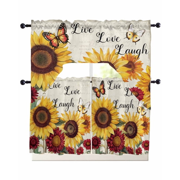 3 Piece Kitchen Curtain Set, Sunflower Butterfly Yellow Red Floral Live Love Laugh Swag Curtains Valance and Tier Set, Rod Pocket Window Treatment for Cafe Living Room 24 Inch