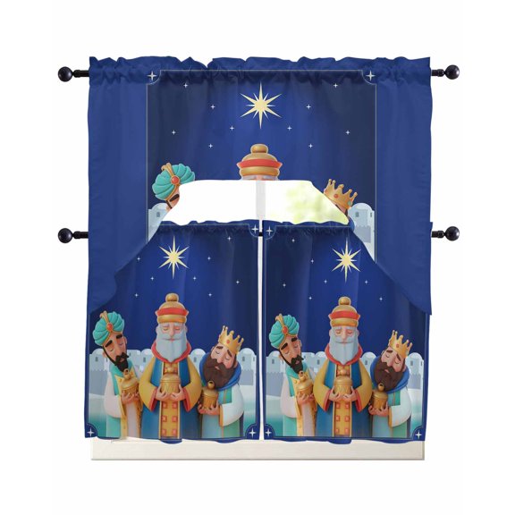 3 Piece Kitchen Curtain Set, Three Kings' Day Vintage Abstract Spanish Puerto Rico Three Kings Swag Curtains Valance and Tier Set, Rod Pocket Window Treatment for Cafe Living Room 36 Inch