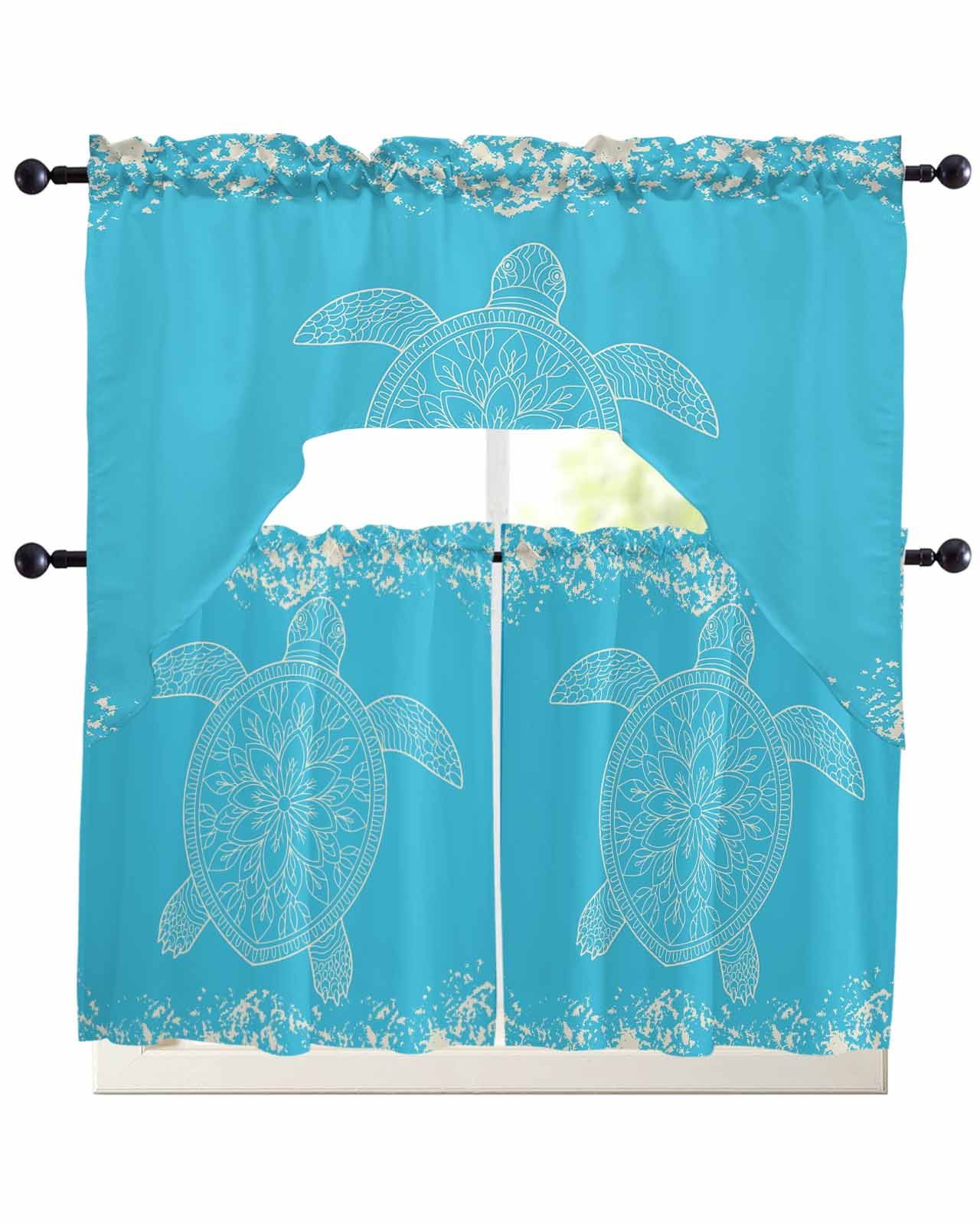 3 Piece Kitchen Curtain Set, Turtle Sea Blue Lines WaterColor Turtle ...