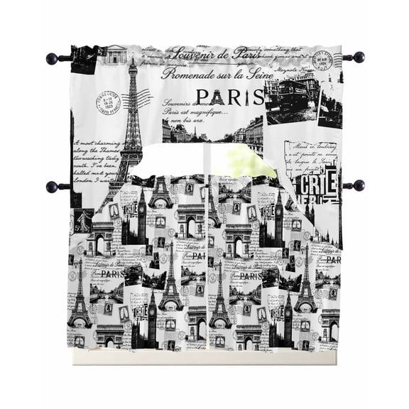 3 Piece Kitchen Curtain Set, Vintage Art International Buildings Paris Towers White Black Swag Curtains Valance and Tier Set, Rod Pocket Window Treatment for Cafe Living Room 24 Inch
