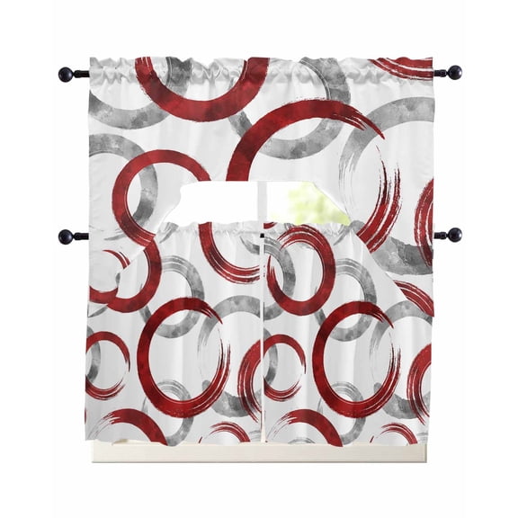3 Piece Kitchen Curtain Set, Vintage Red Gray Circle Lines Abstract Art White Background Swag Curtains Valance and Tier Set, Rod Pocket Window Treatment for Cafe Living Room 24 Inch