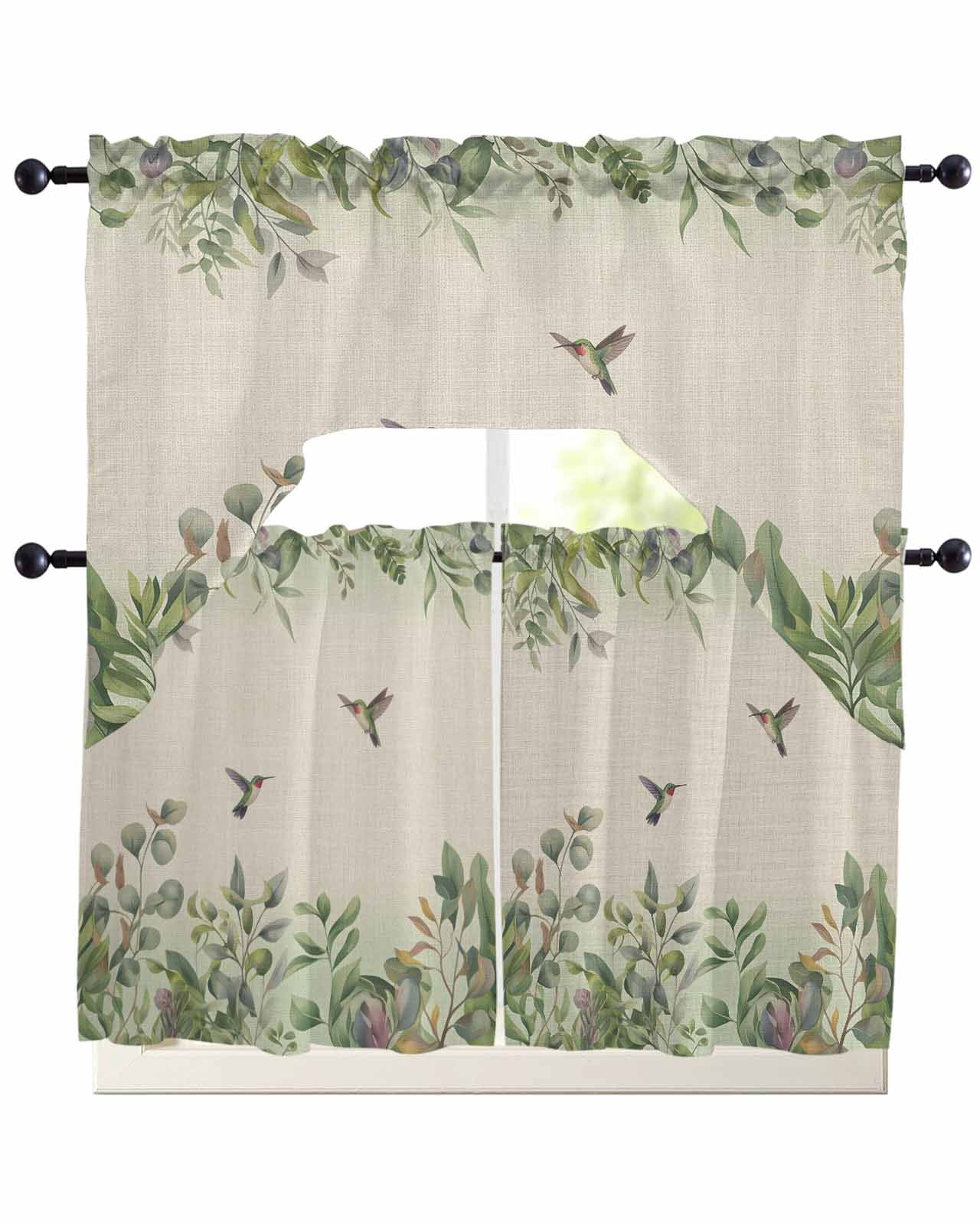 3 Piece Kitchen Curtain Set, Watercolor Plant Hummingbird Green Leaf ...