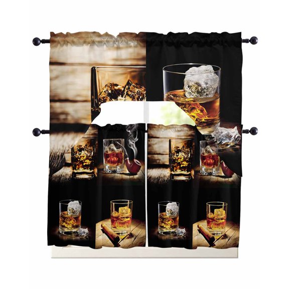 3 Piece Kitchen Curtain Set, Whisky Glass Wine Cigars Old Wood Grain Ice Cubes Swag Curtains Valance and Tier Set, Rod Pocket Window Treatment for Cafe Living Room 24 Inch