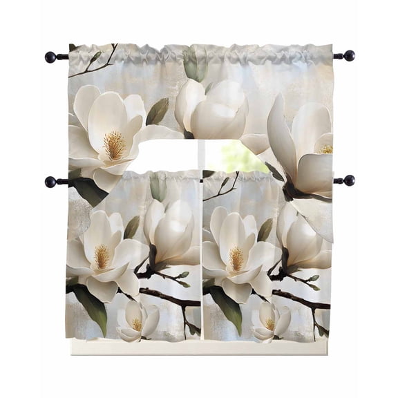 3 Piece Kitchen Curtain Set, White Floral Magnolia Flowers Retro Leaf Branch Swag Curtains Valance and Tier Set, Rod Pocket Window Treatment for Cafe Living Room 36 Inch