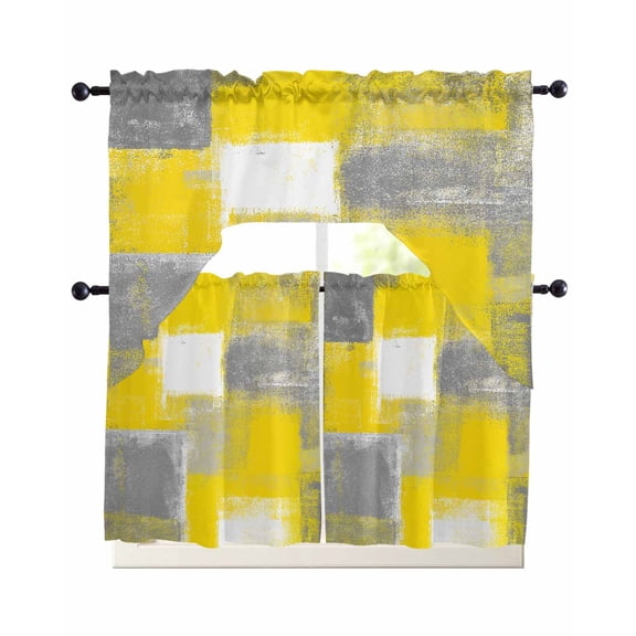 3 Piece Kitchen Curtain Set, Yellow Grey Abstract Vintage Modern Yellow Color Block Swag Curtains Valance and Tier Set, Rod Pocket Window Treatment for Cafe Living Room 24 Inch