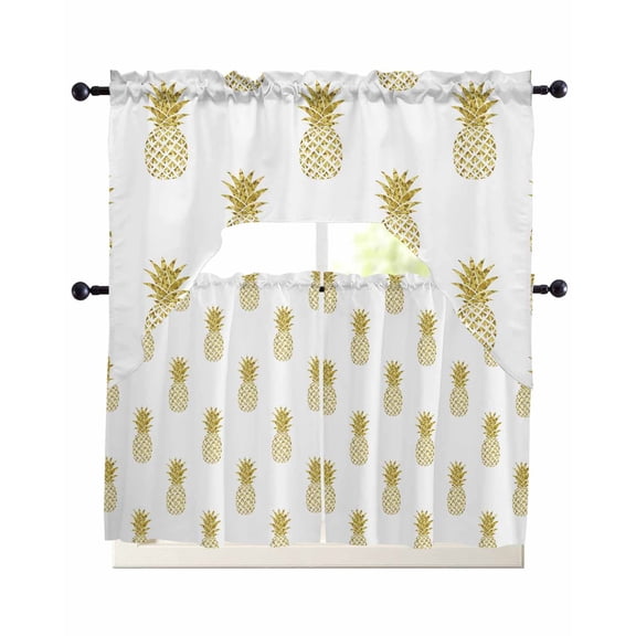 3 Piece Kitchen Curtain Set, Yellow Pineapple Abstract Fruit White Background Modern Swag Curtains Valance and Tier Set, Rod Pocket Window Treatment for Cafe Living Room 36 Inch