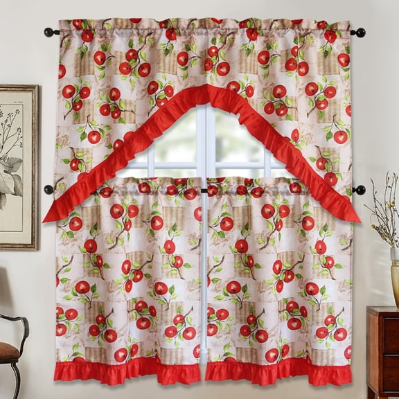 3 Piece Kitchen Curtain Swag Set, Window Treatment Apple Printed Design Cortland